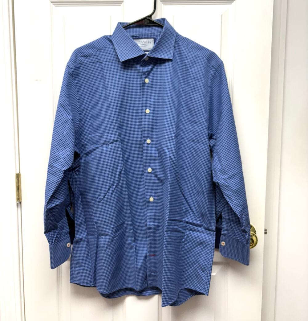 Charles Tyrwhitt Shirt Dress Button Down Blue Houndstooth Men's Size 15 1/2 42